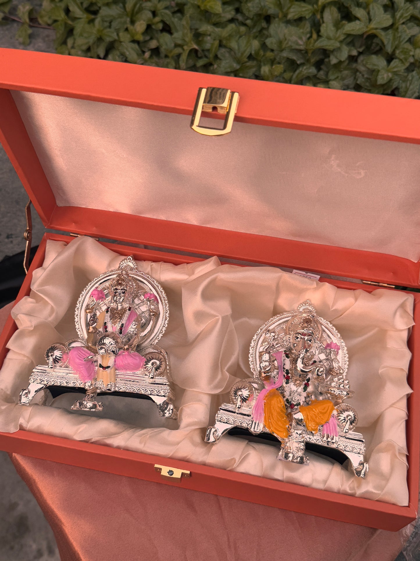 Antique Silver Plated Pair of Ganeshji and Laxmi Ji -Colored