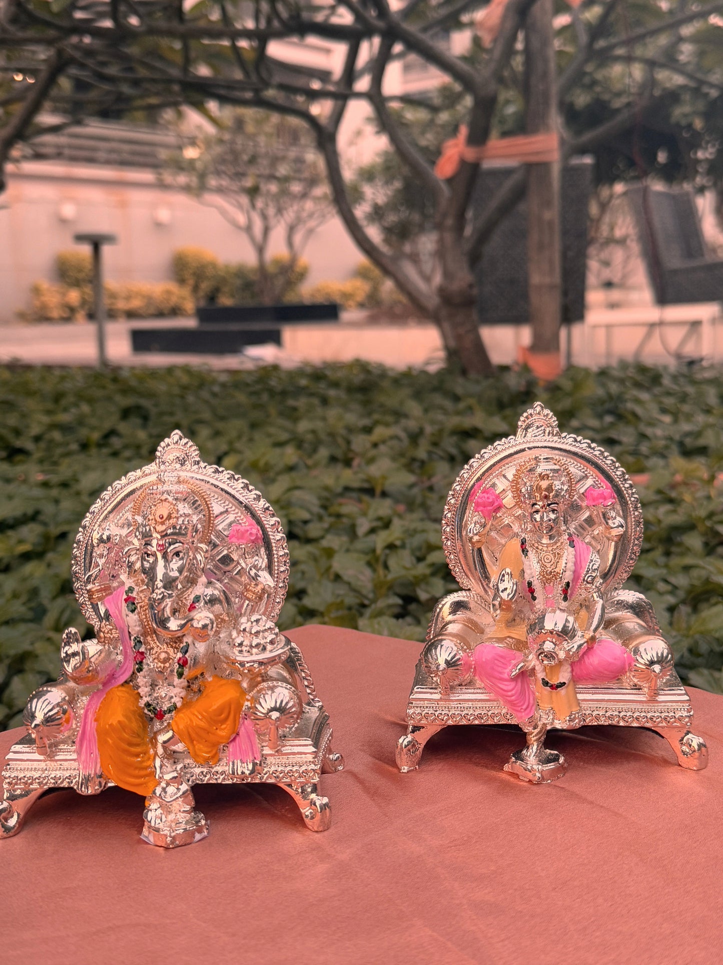 Antique Silver Plated Pair of Ganeshji and Laxmi Ji -Colored