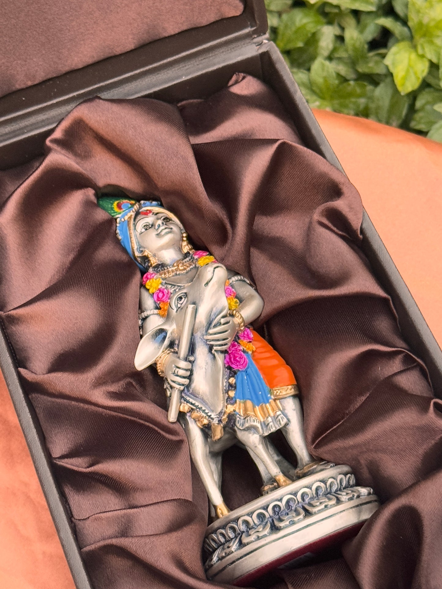 Luxurious Silver Plated Antique Cow Lord baby Krishna-Colored
