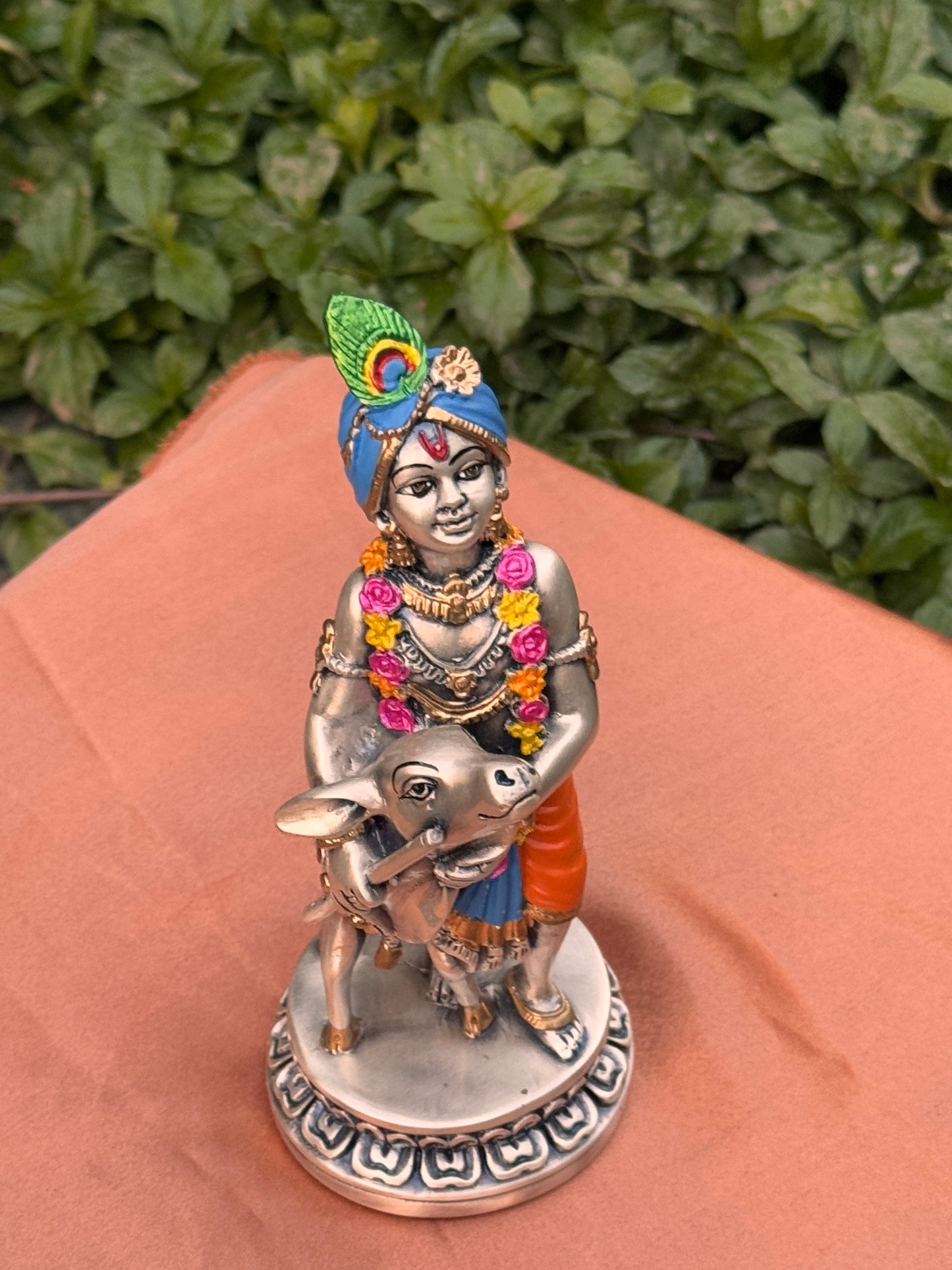 Luxurious Silver Plated Antique Cow Lord baby Krishna-Colored