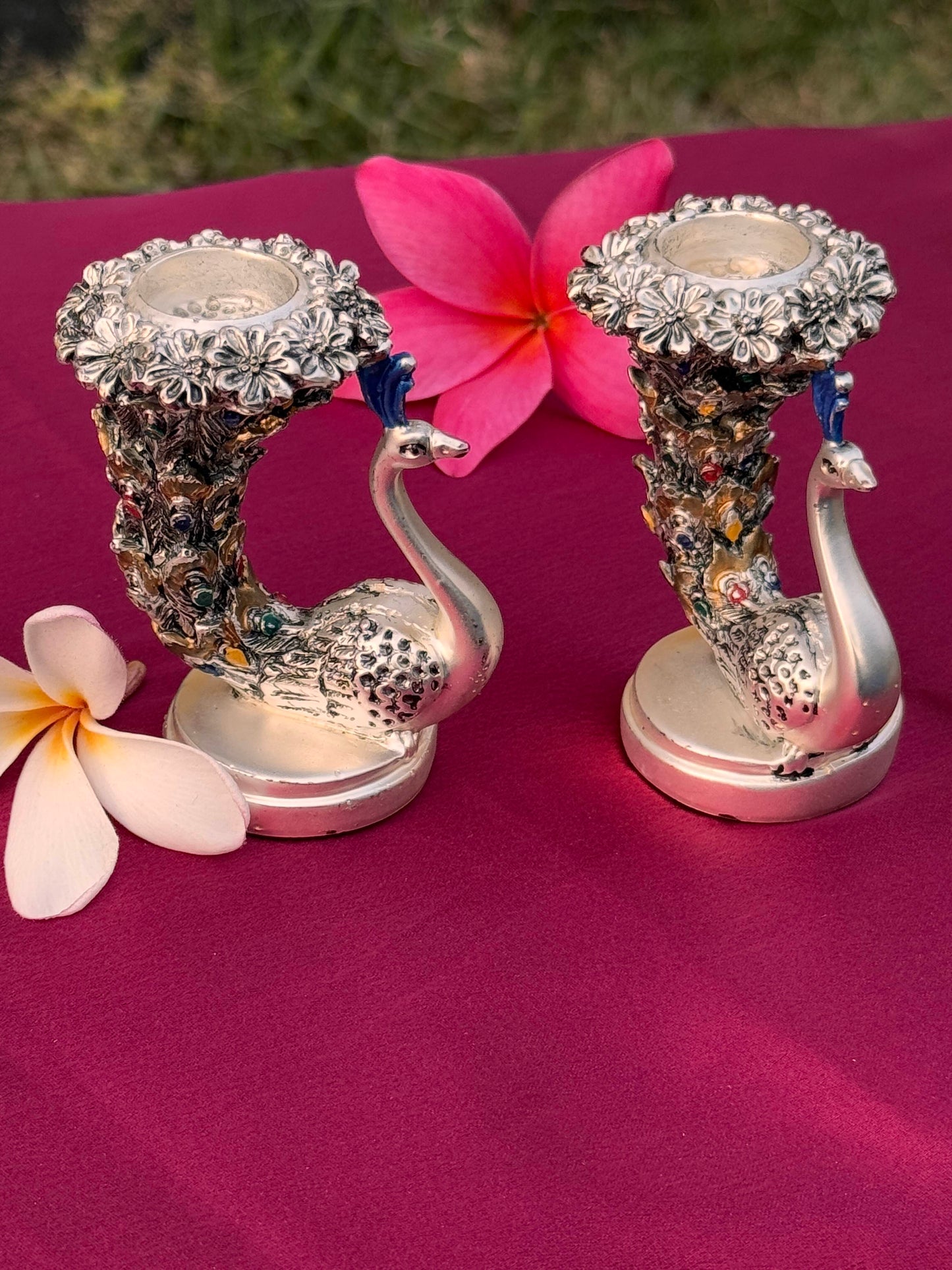Pair of Silver Plated Antique Peacock Pattern Candle Stand-Small