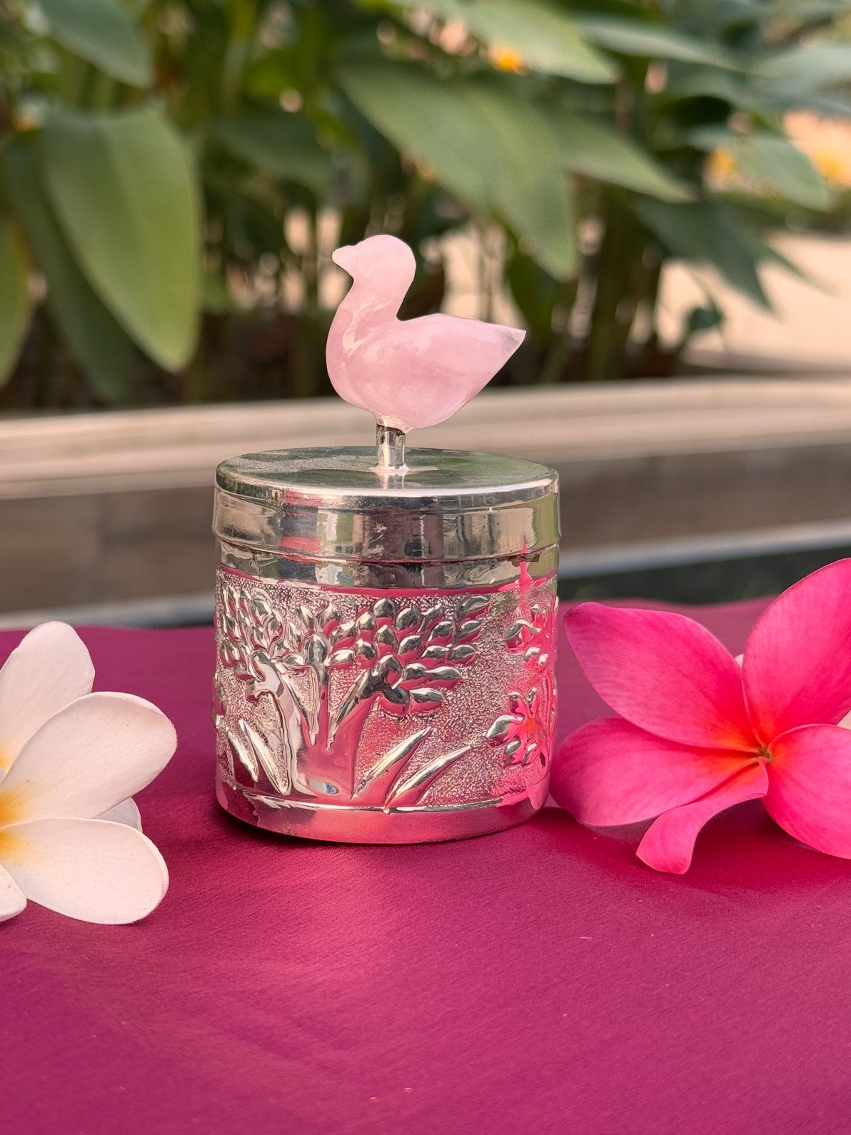 DESHANA Antique Silver Plated Round Small Size Box with Real Stone Bird on Top – A Unique Blend of Elegance and Nature