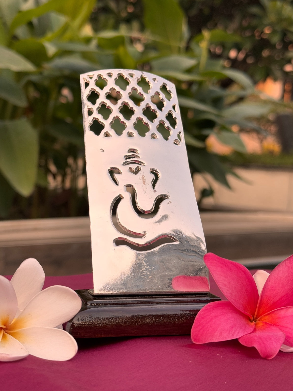 Silver Plated Jali Style Lord Ganesha Statue On Wooden Base