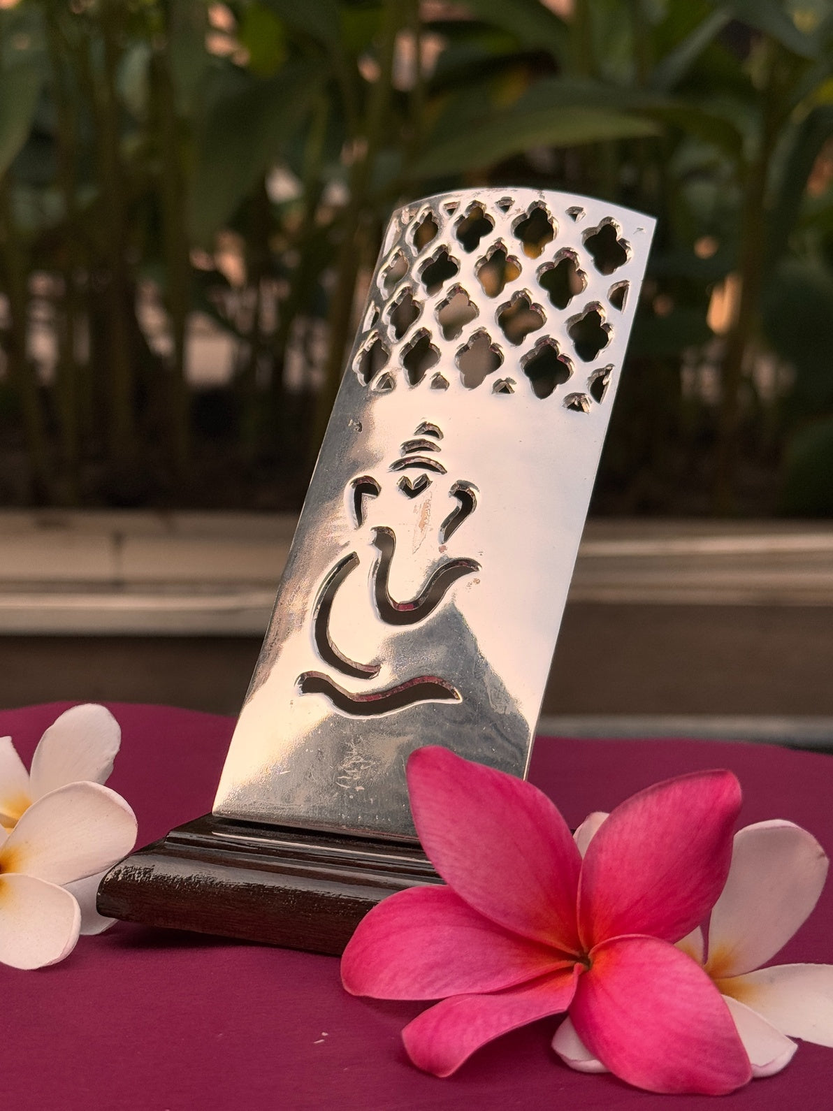 Silver Plated Jali Style Lord Ganesha Statue On Wooden Base