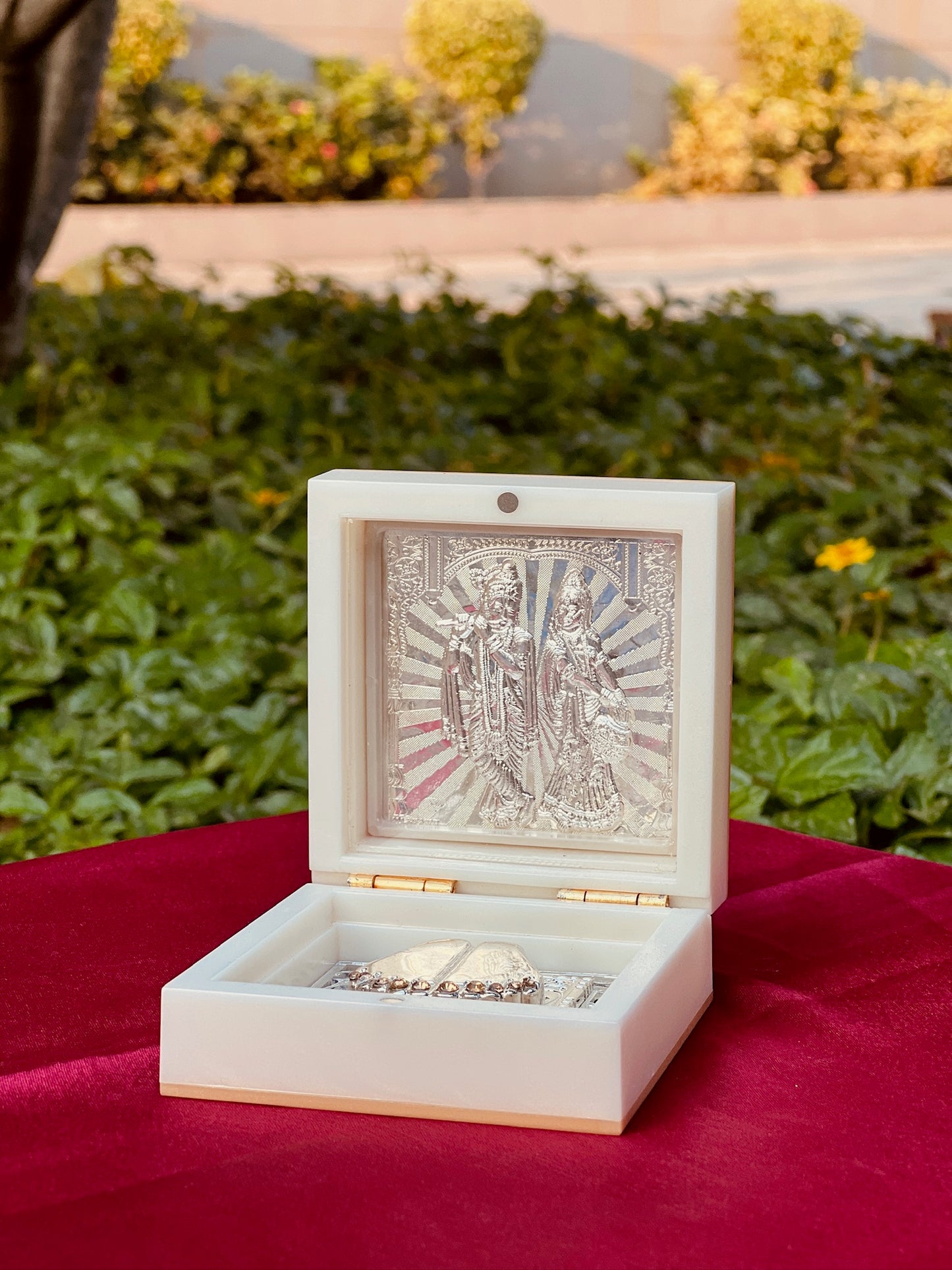 Silver Foil Pooja Petti Small -Radha Krishna