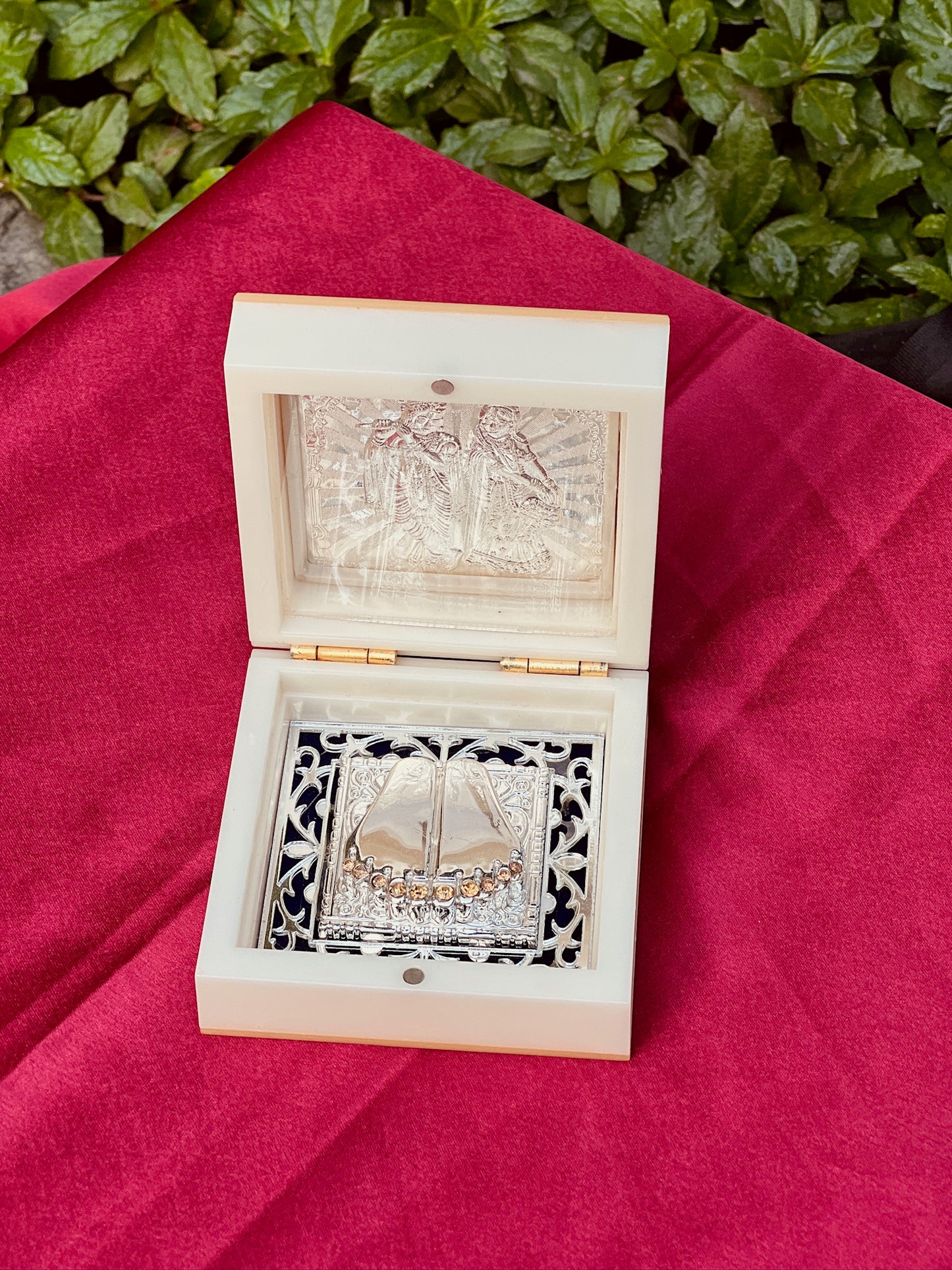 Silver Foil Pooja Petti Small -Radha Krishna