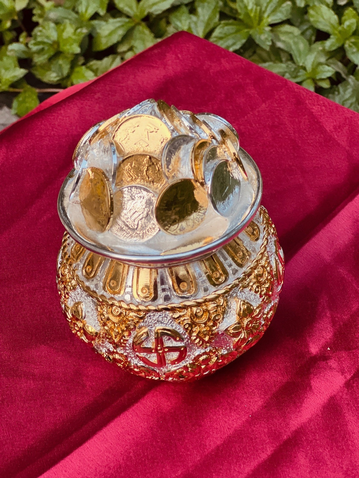 DESHANA Gold and Silver Plated Coin Kalash – A Symbol of Abundance and Divine Blessings