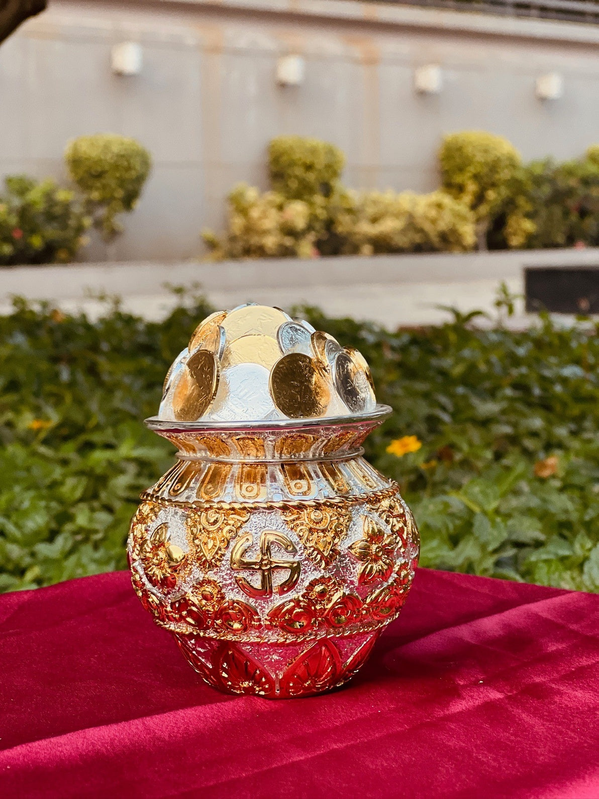 DESHANA Gold and Silver Plated Coin Kalash – A Symbol of Abundance and Divine Blessings