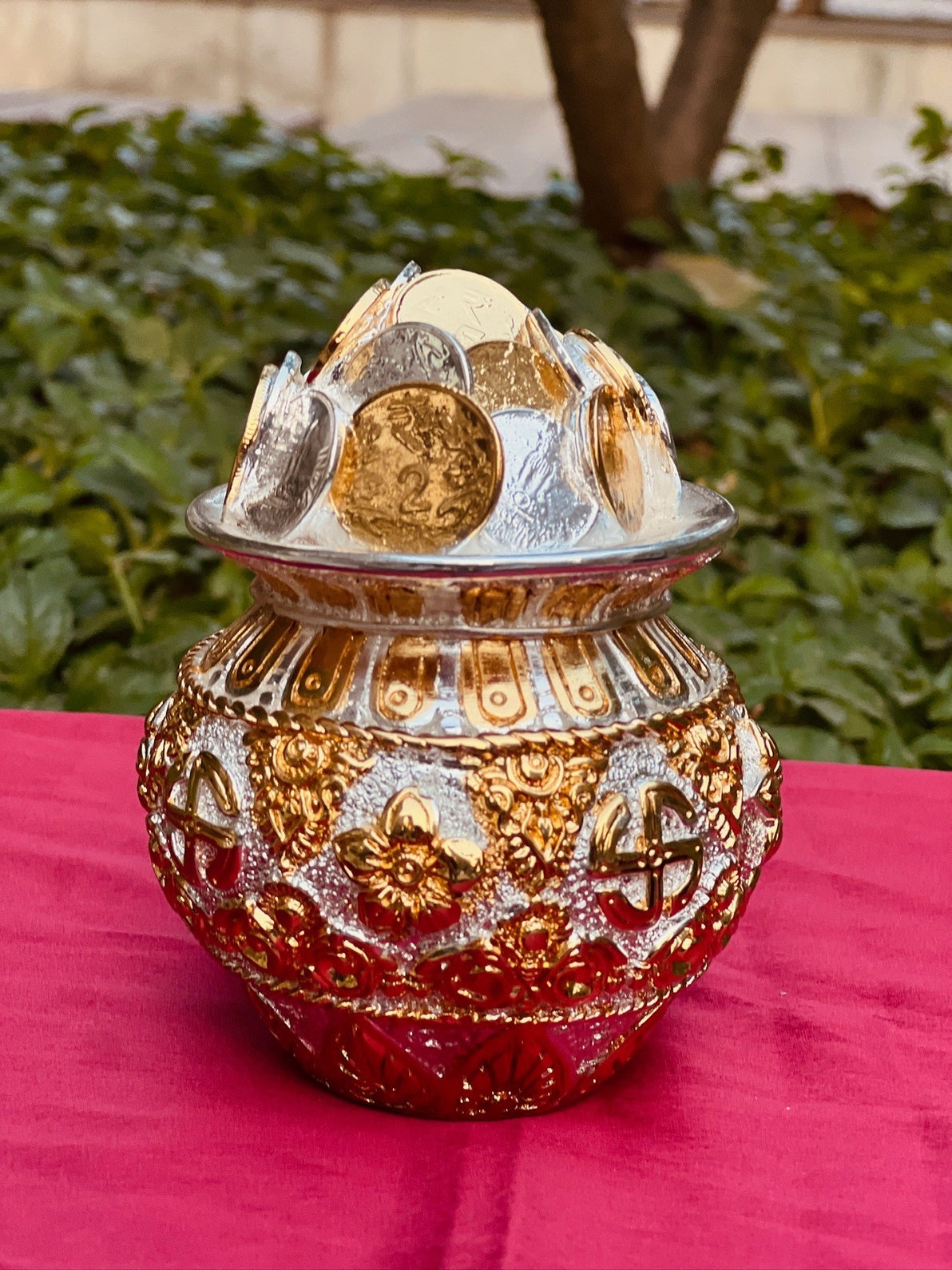 DESHANA Gold and Silver Plated Coin Kalash – A Symbol of Abundance and Divine Blessings