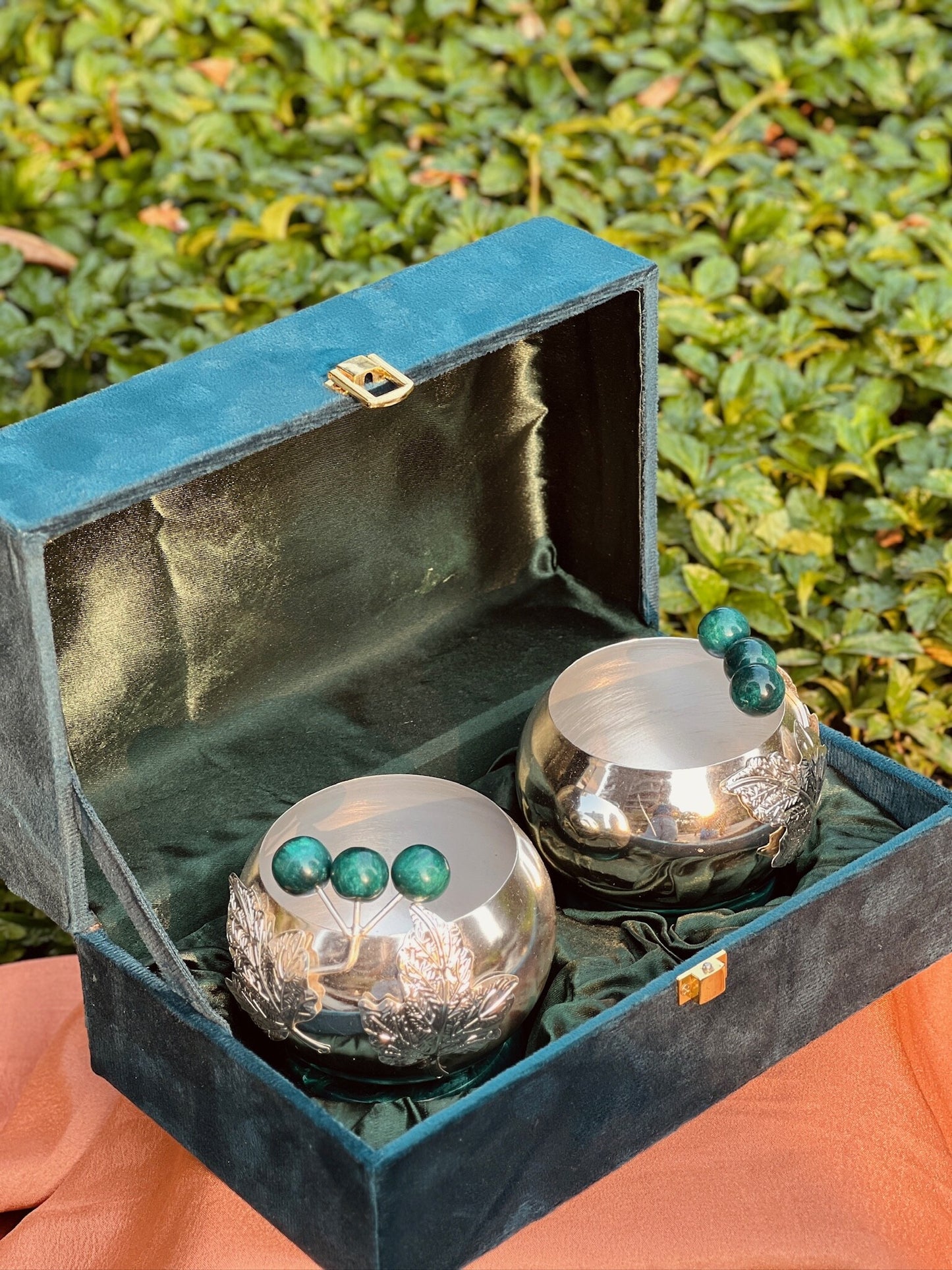 Pair of Silver Plated Bowls With Stone Base