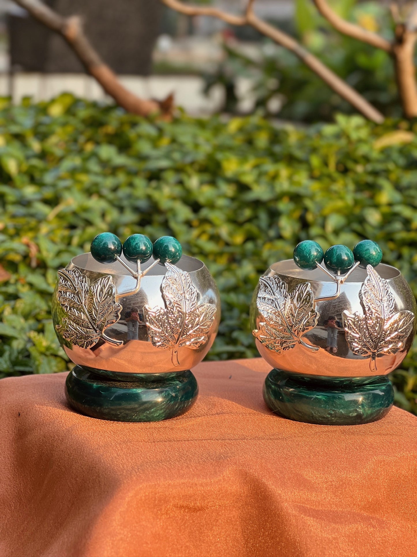 Pair of Silver Plated Bowls With Stone Base
