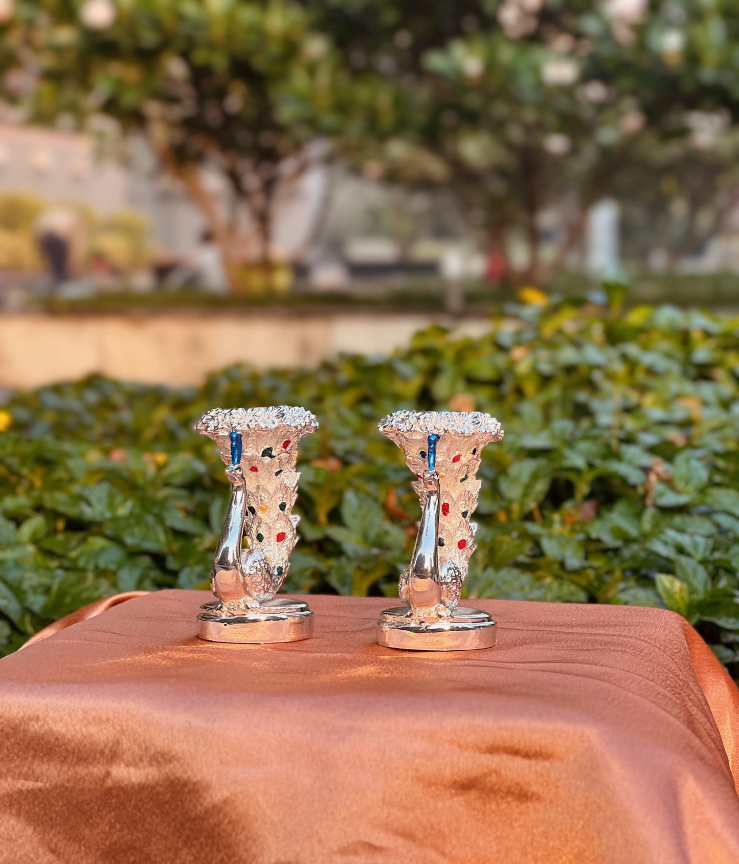 Pair of Silver Plated Peacock Pattern Candle Stand-Small