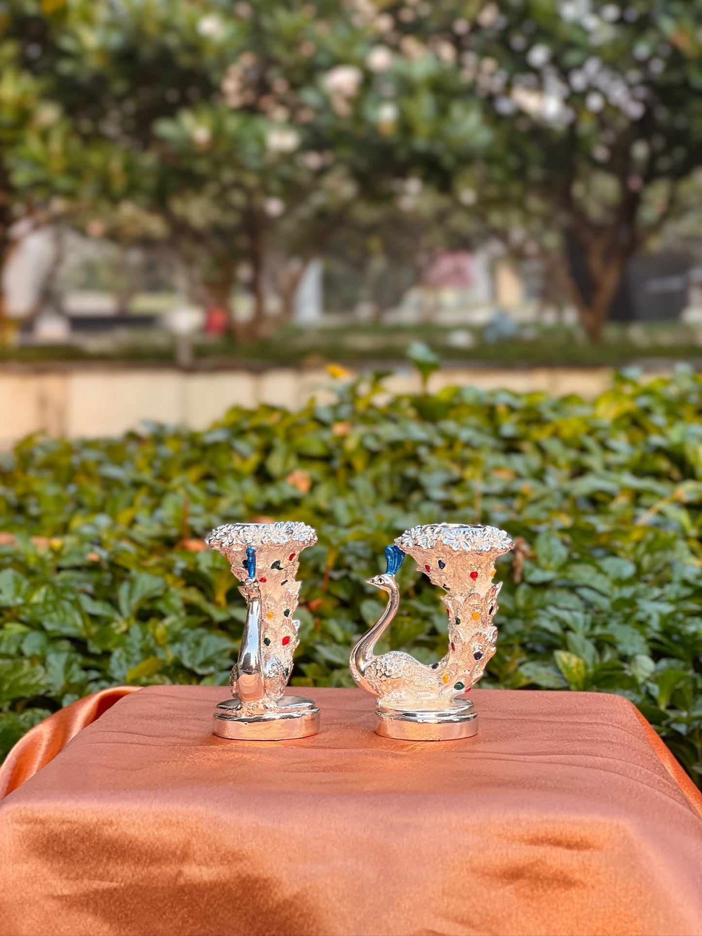 Pair of Silver Plated Peacock Pattern Candle Stand-Small