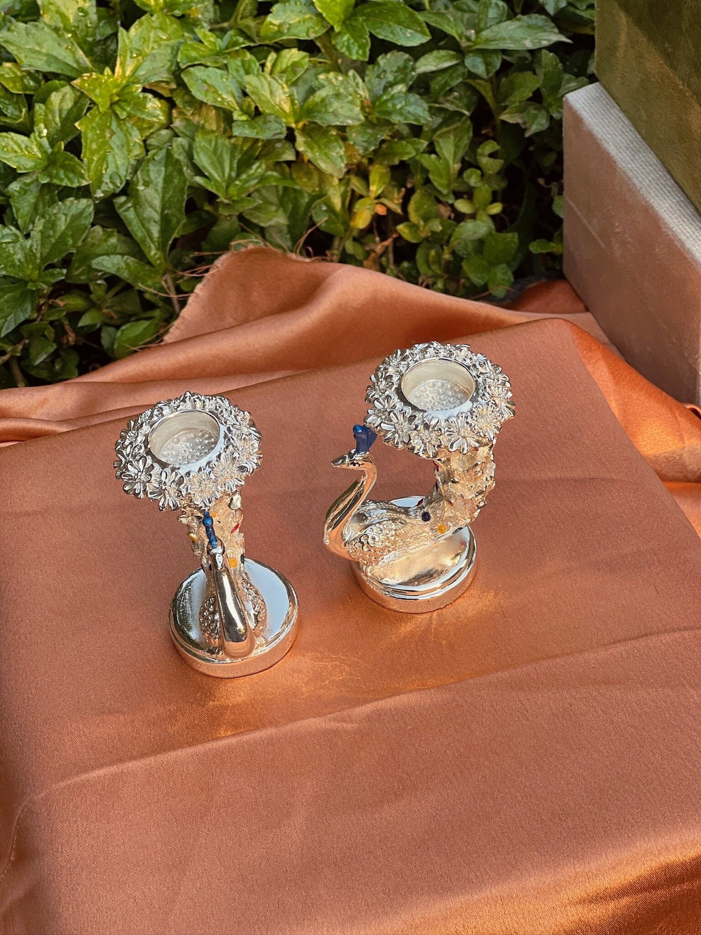 Pair of Silver Plated Peacock Pattern Candle Stand-Small