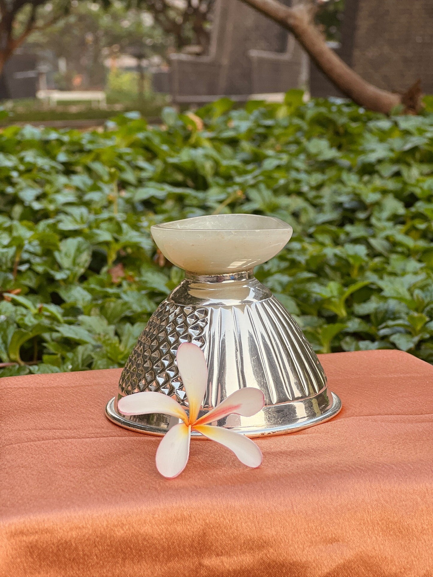 Green Quartz Based Silver Plated Aesthetic Diya