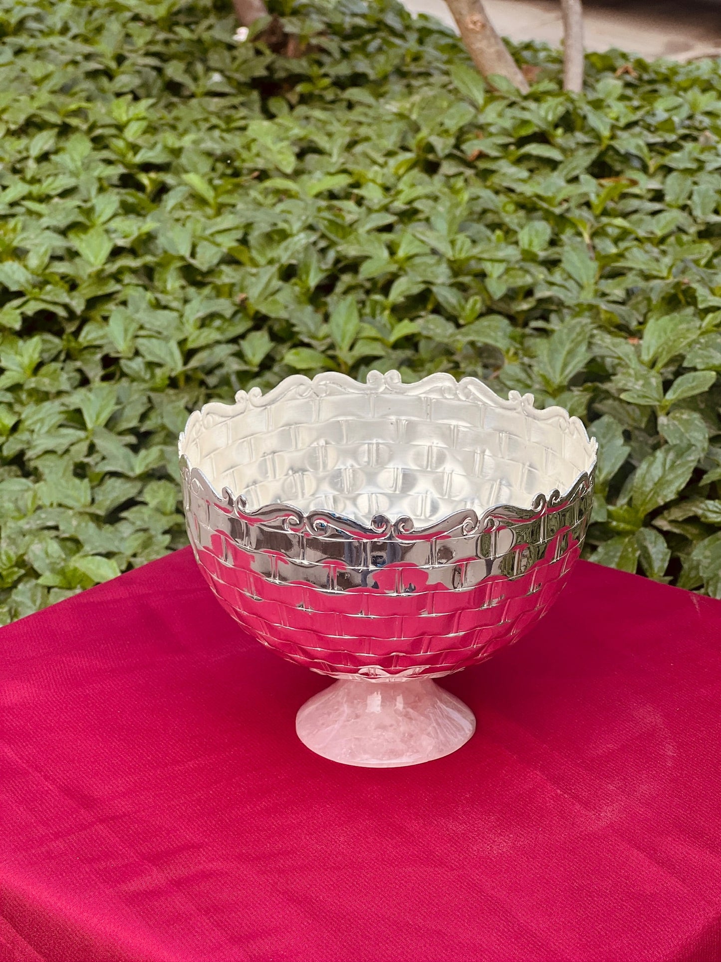 Luxurious SIlver Plated Rose Quarts Stone Base Bowl