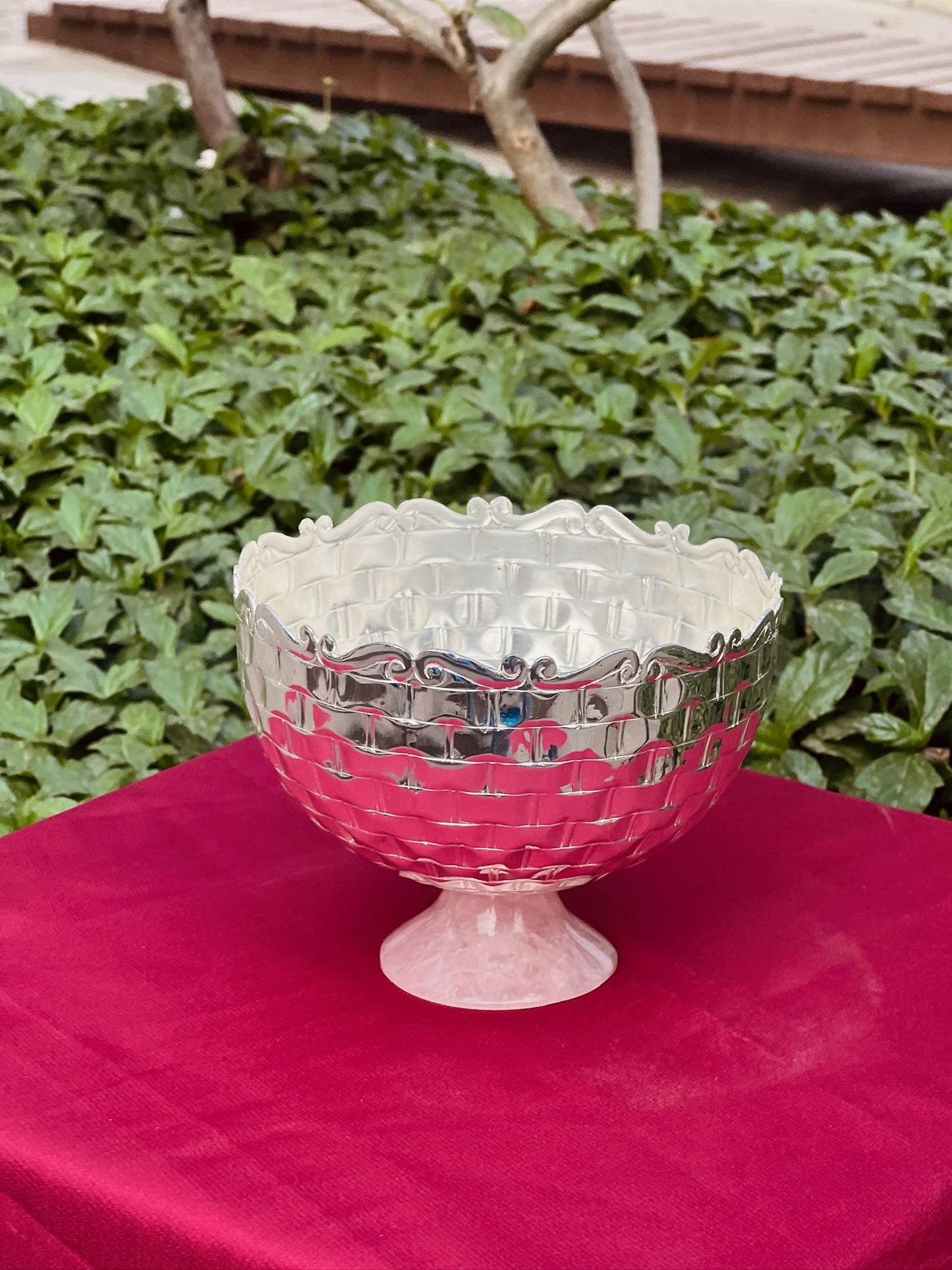 Luxurious SIlver Plated Rose Quarts Stone Base Bowl