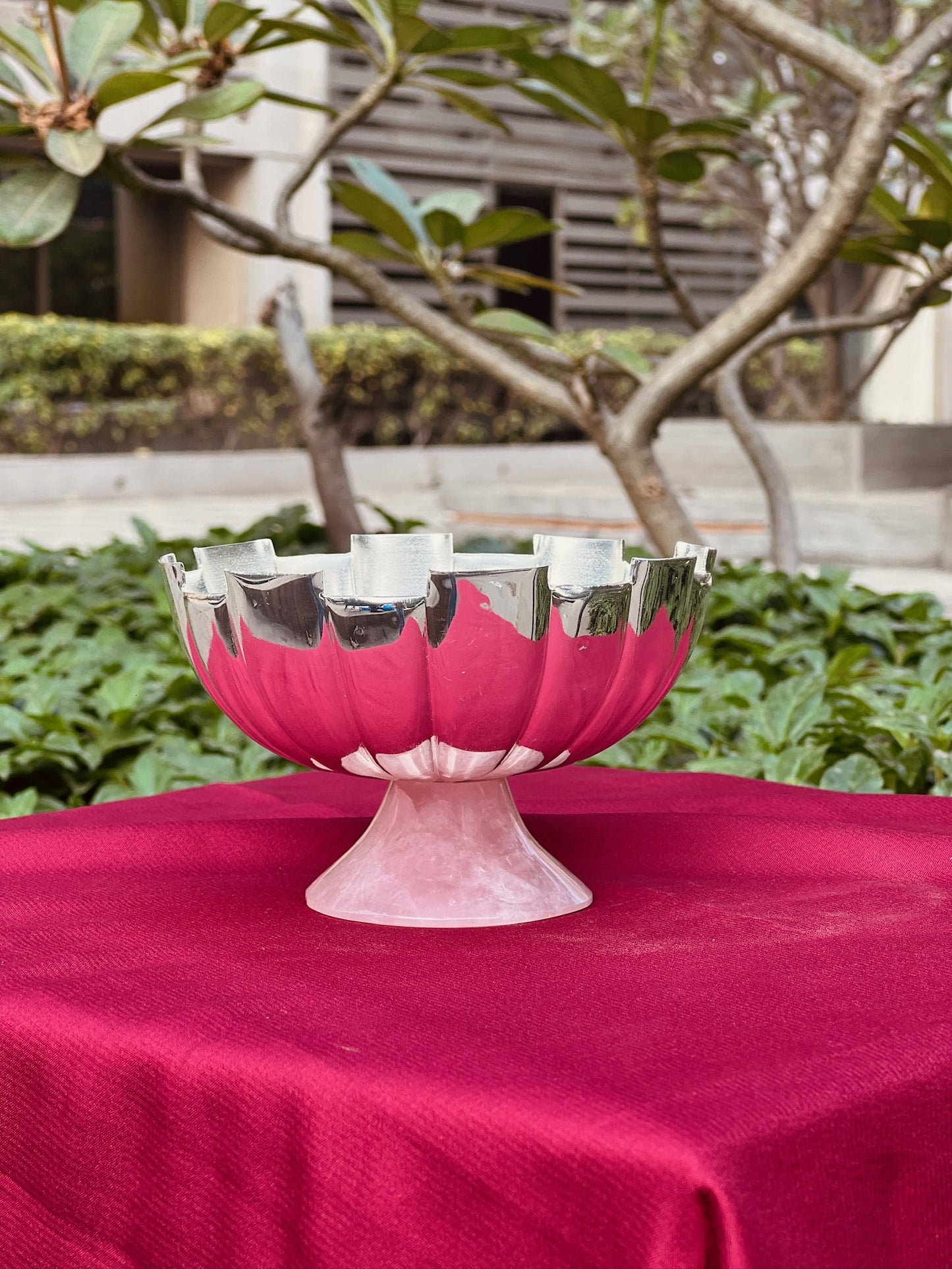 Luxurious SIlver Plated Rose Quarts Stone Base Bowl