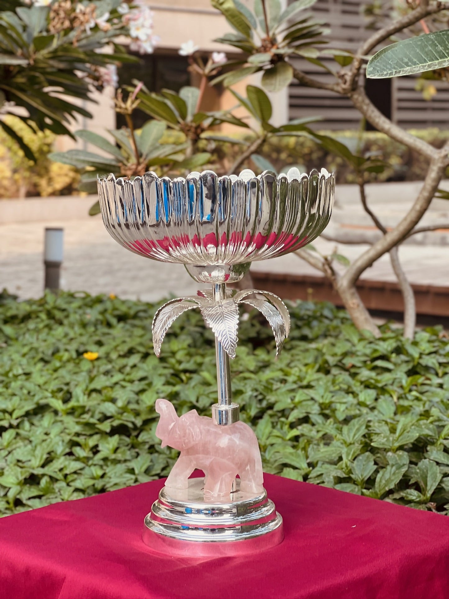 Silver Plated Bowl On Rose Quarts Elephant