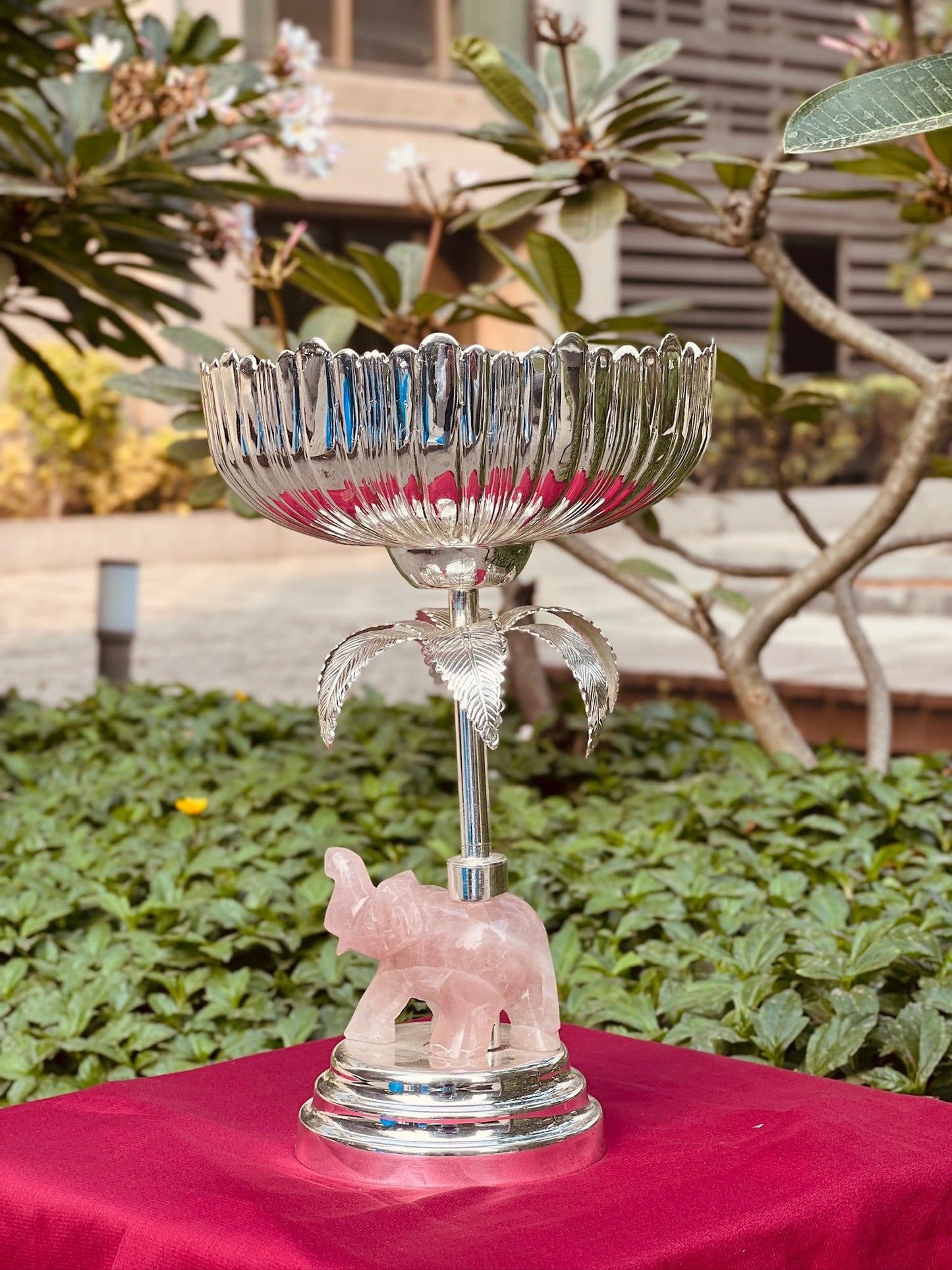 Silver Plated Bowl On Rose Quarts Elephant