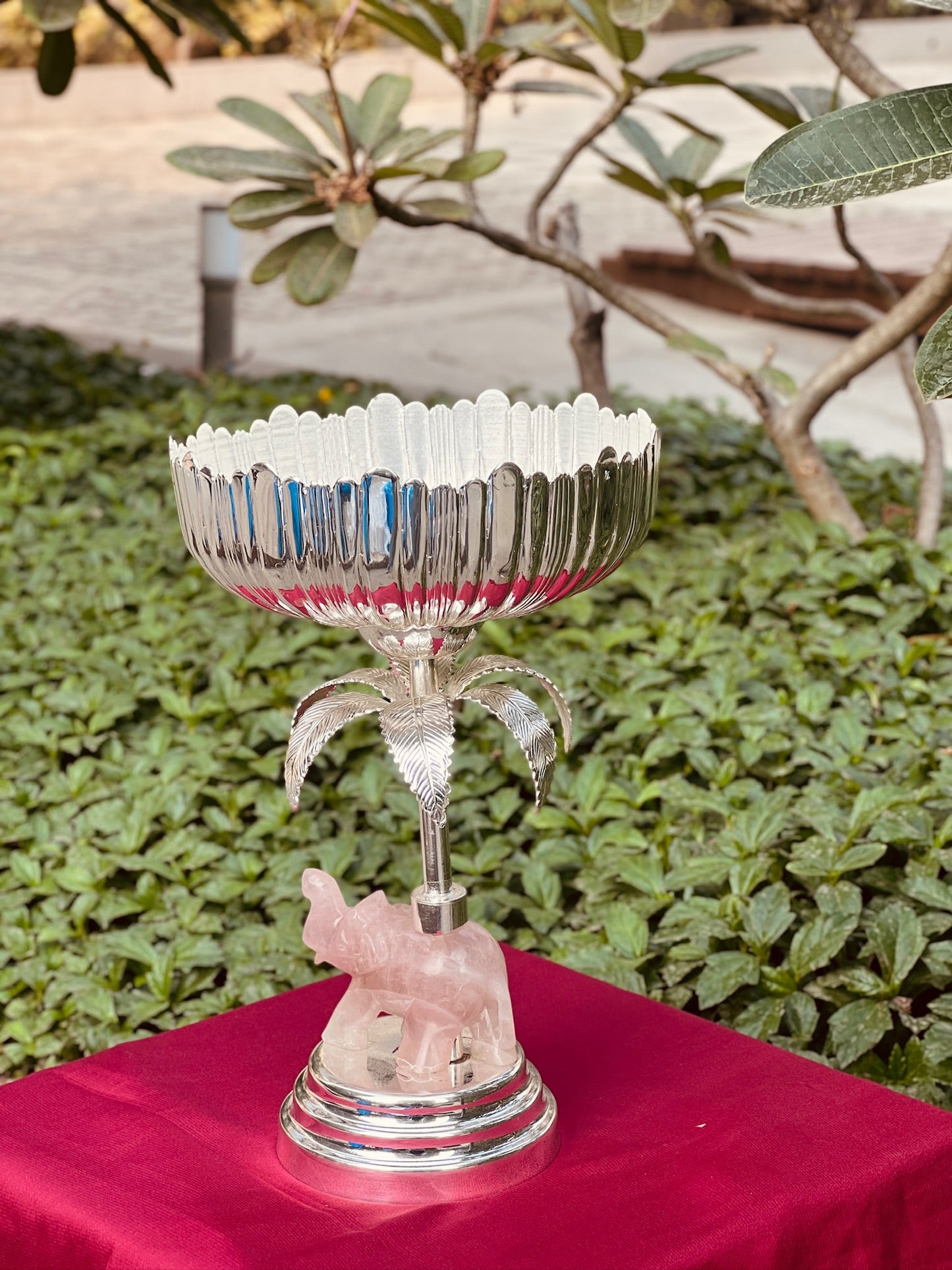 Silver Plated Bowl On Rose Quarts Elephant
