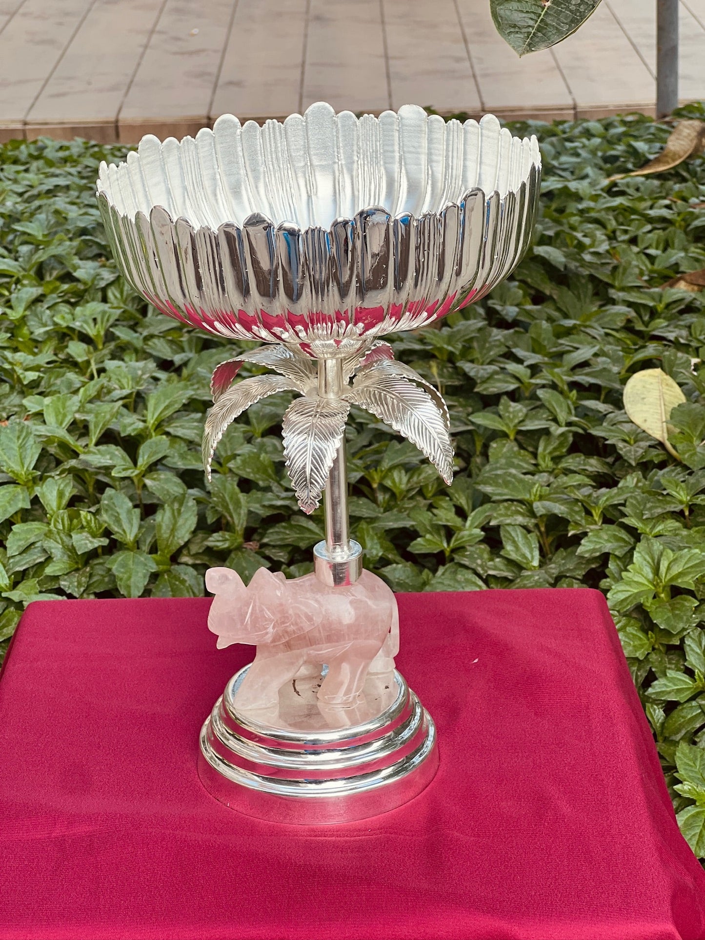 Silver Plated Bowl On Rose Quarts Elephant