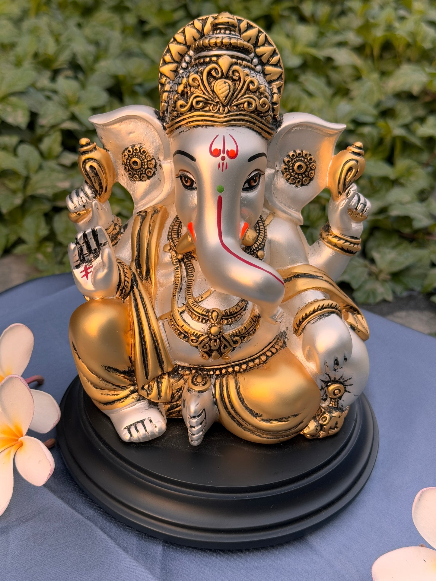 Antique Silver Plated Lord Ganesha Wooden Base-Colored