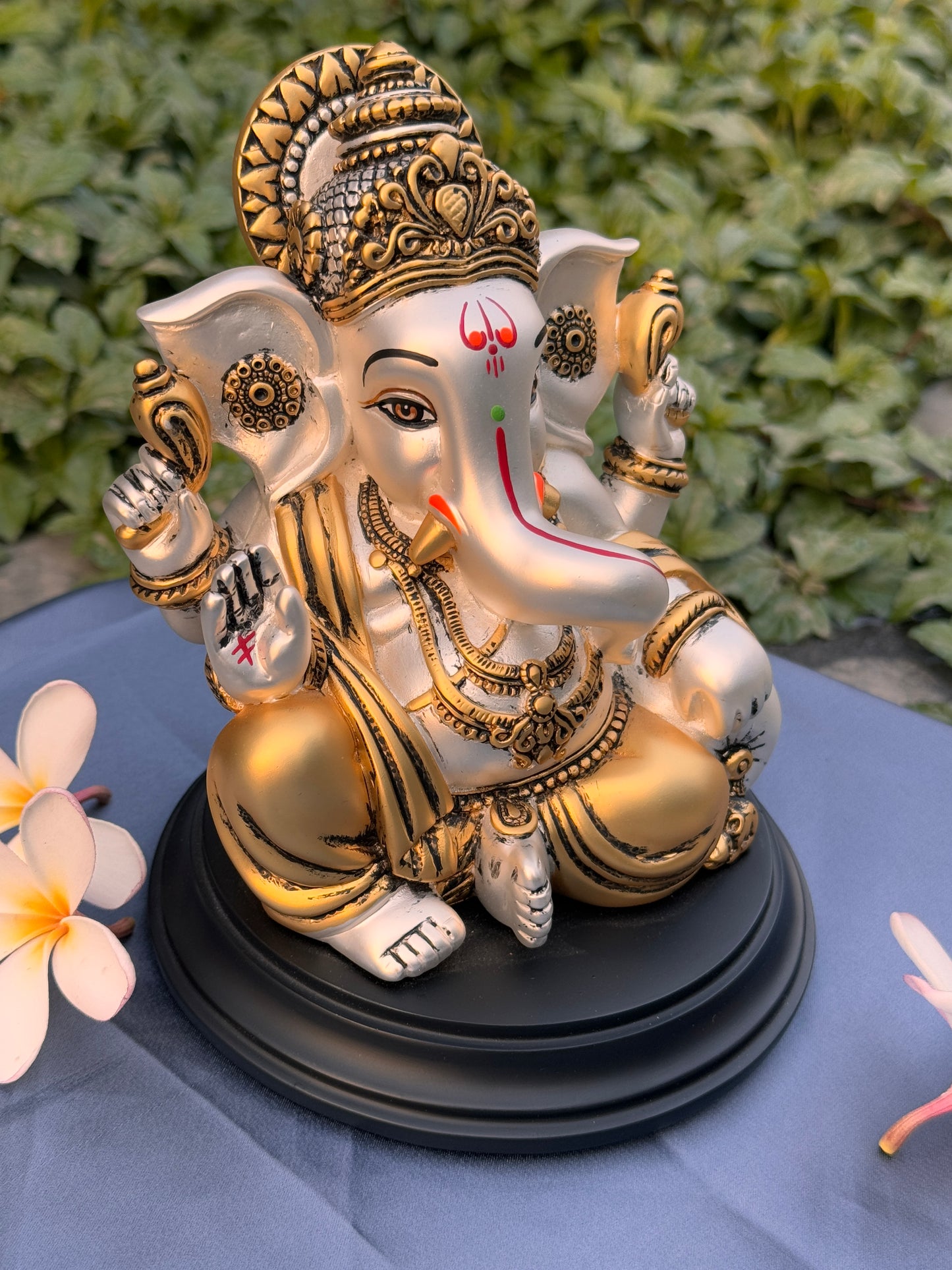 Antique Silver Plated Lord Ganesha Wooden Base-Colored