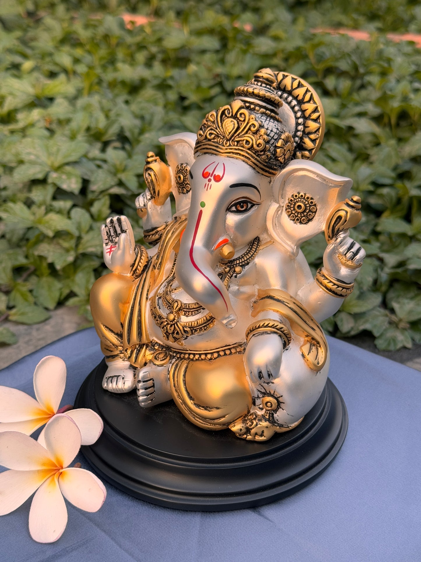 Antique Silver Plated Lord Ganesha Wooden Base-Colored
