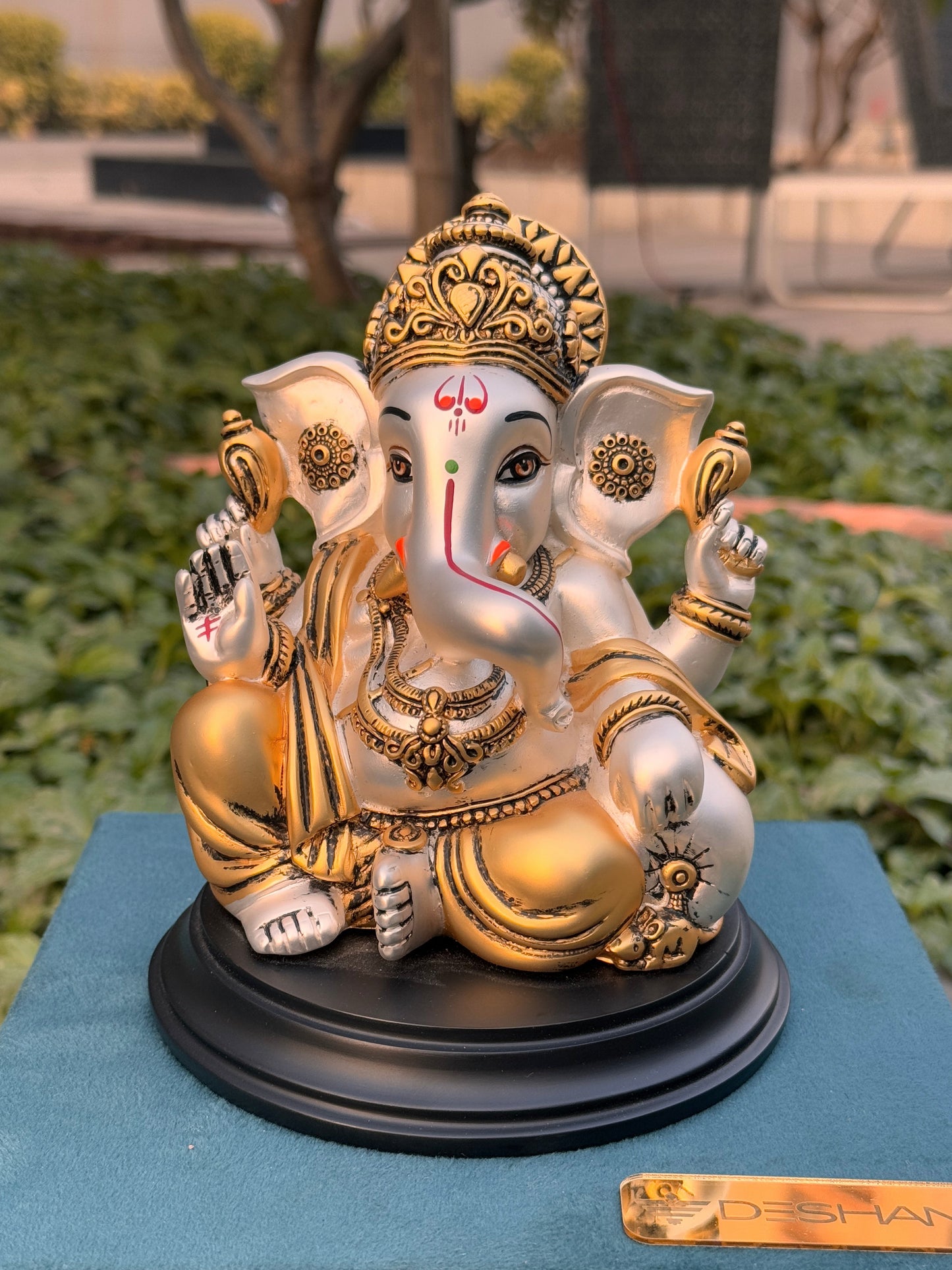 Antique Silver Plated Lord Ganesha Wooden Base-Colored