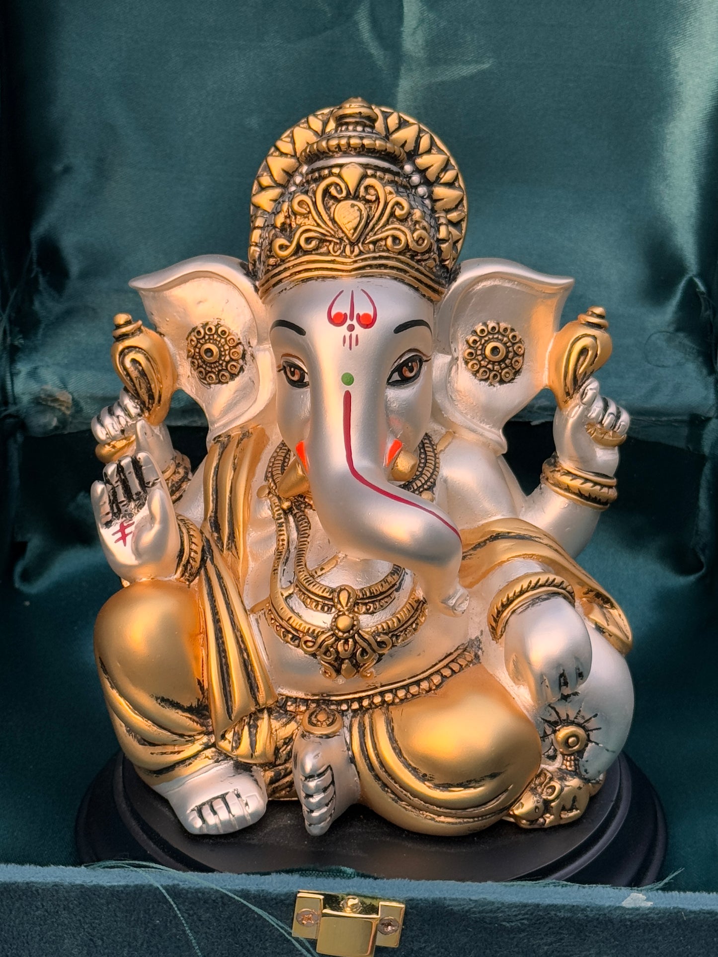 Antique Silver Plated Lord Ganesha Wooden Base-Colored