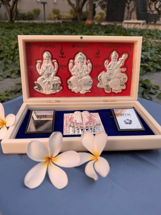 Silver Foil Pooja Petti Big -Maa Laxmi, Sarswati and Ganesh ji