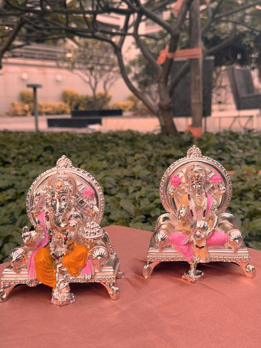Antique Silver Plated Pair of Ganeshji and Laxmi Ji -Colored