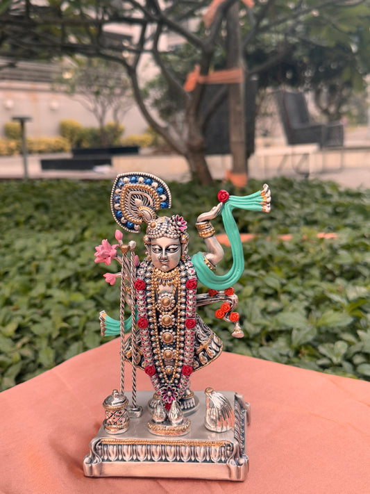 Luxurious Silver Plated Antique Shrinath Ji-Colored
