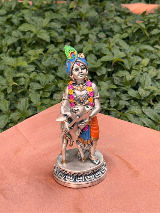 Luxurious Silver Plated Antique Cow  Lord baby Krishna-Colored