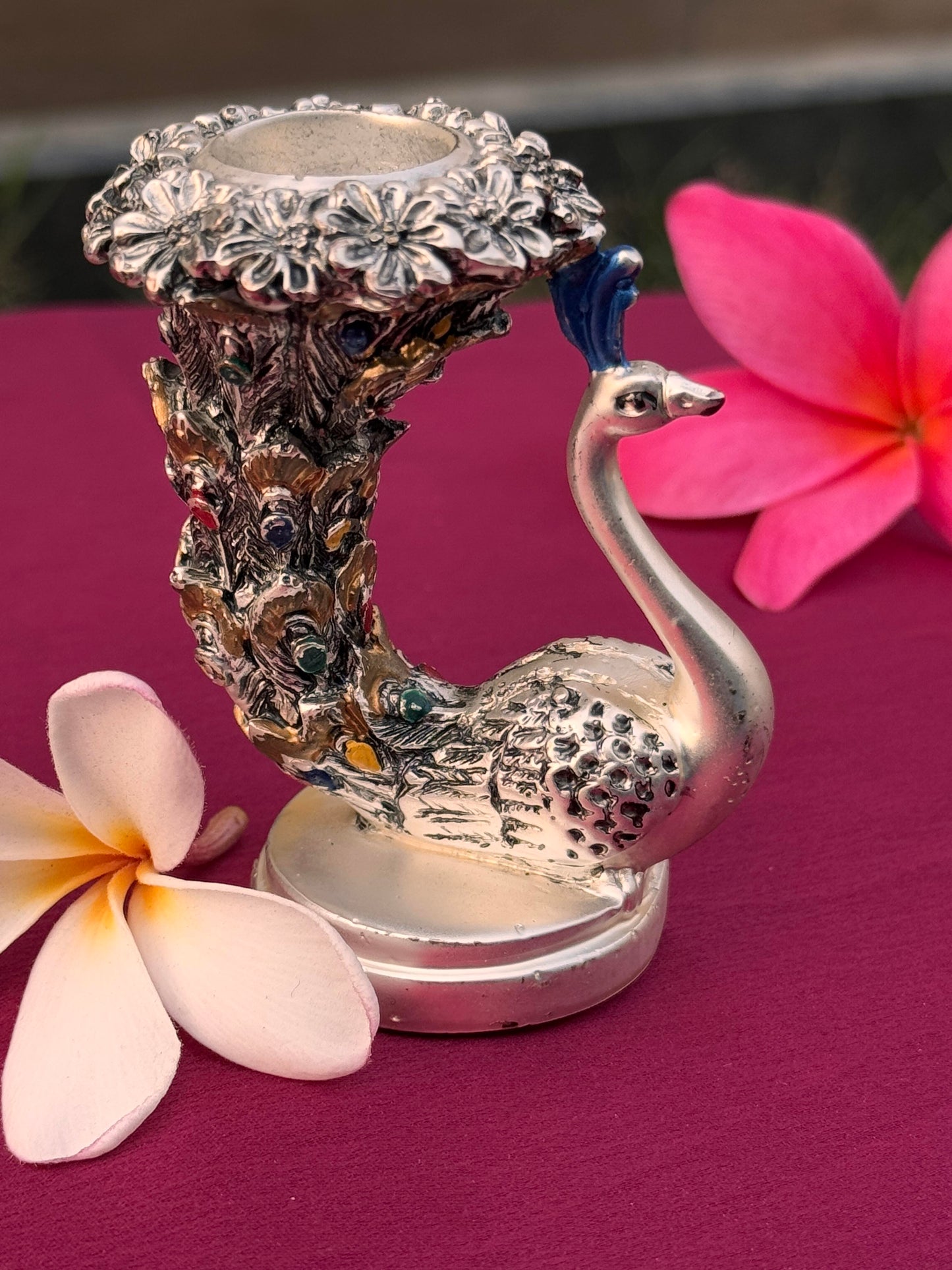 Pair of Silver Plated Antique Peacock Pattern Candle Stand-Small
