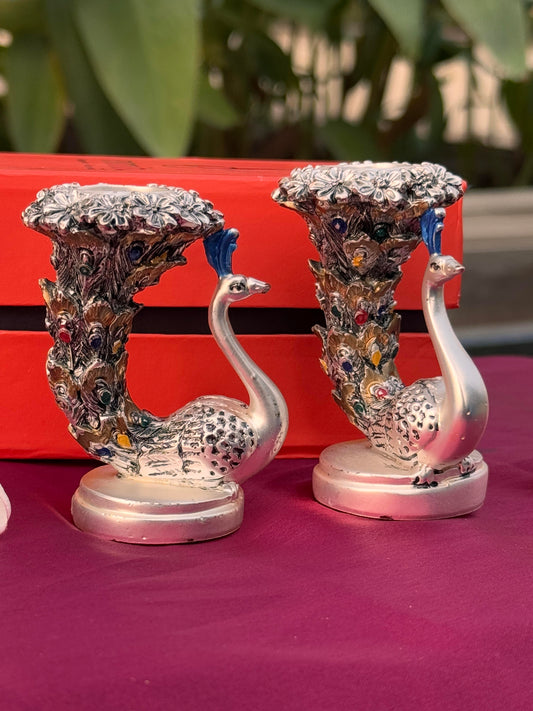 Pair of Silver Plated Antique Peacock Pattern Candle Stand-Small