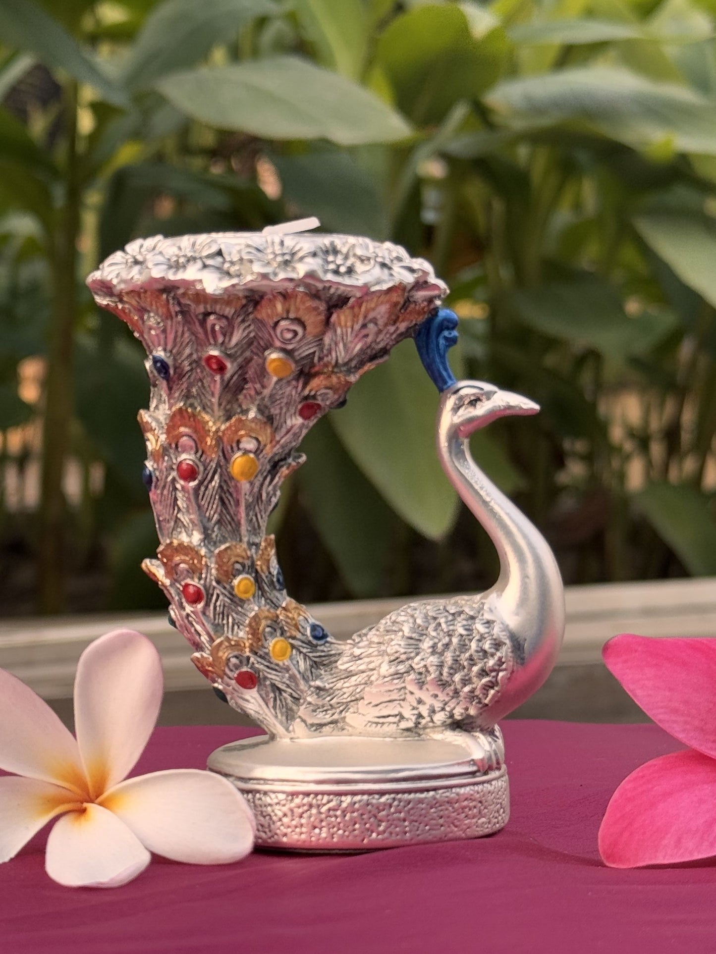 Silver Plated Antique Peacock Pattern Candle Stand-Medium