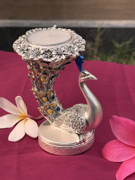 Silver Plated Antique Peacock Pattern Candle Stand-Medium