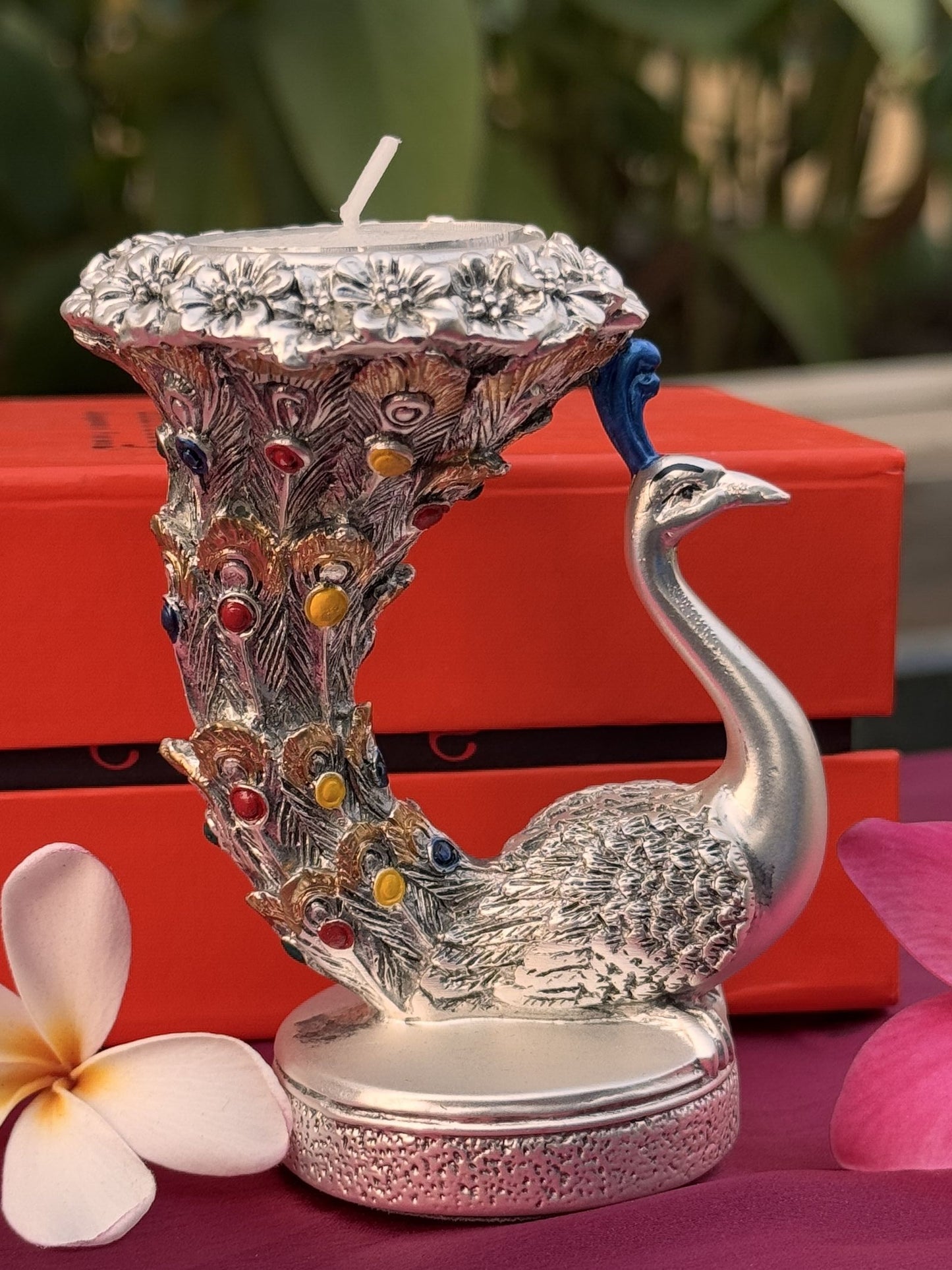 Silver Plated Antique Peacock Pattern Candle Stand-Medium