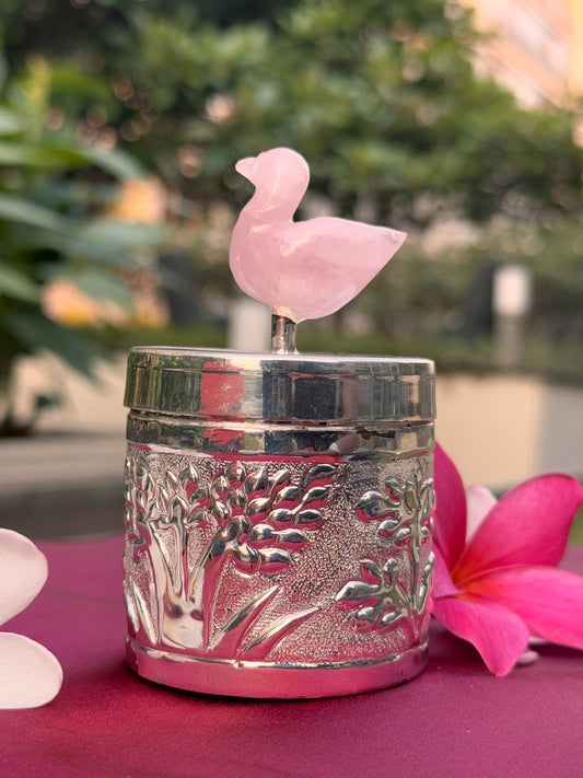 DESHANA Antique Silver Plated Round Small Size Box with Real Stone Bird on Top – A Unique Blend of Elegance and Nature