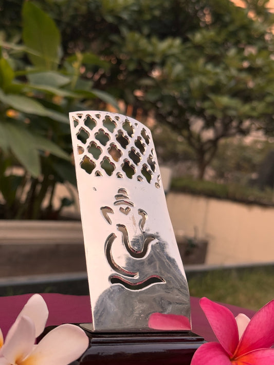 Silver Plated Jali Style Lord Ganesha Statue On Wooden Base