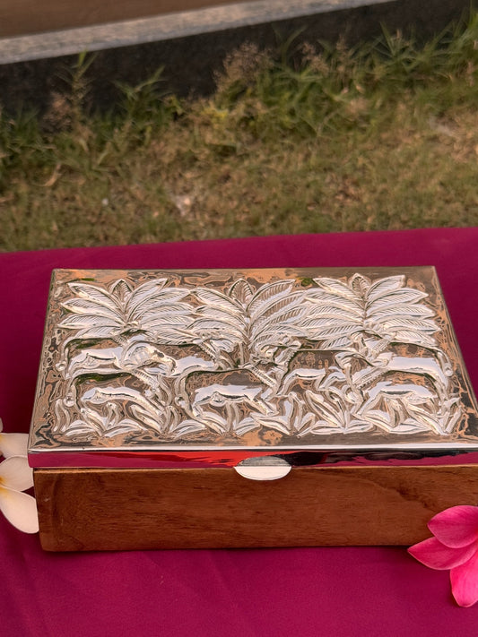 Silver Plated Dry Fruit Box With Wooden  Base -Medium