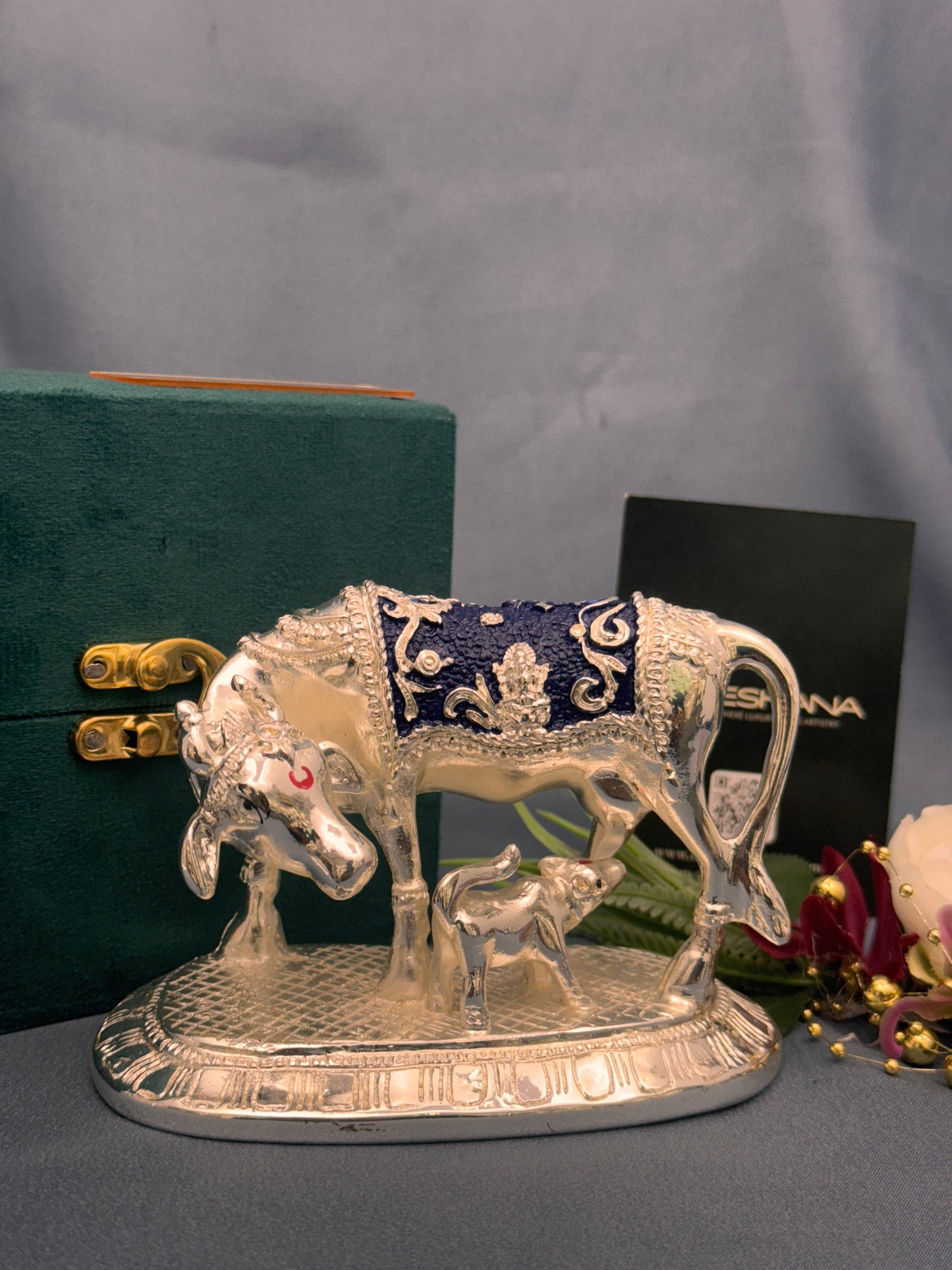 Silver Plated Antique Enamel Finish Kamdhenu