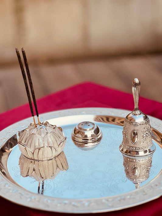 DESHANA Handcrafted Silver Plated Luxurious Pooja Thali with Aggarbati Stand, Katori, and Ghanti – A Complete Set for Divine Rituals