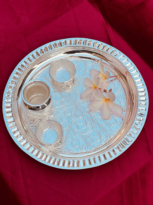 DESHANA Handcrafted Silver Plated Luxurious Pooja Thali with Kalash, Katori – A Complete Set for Divine Rituals