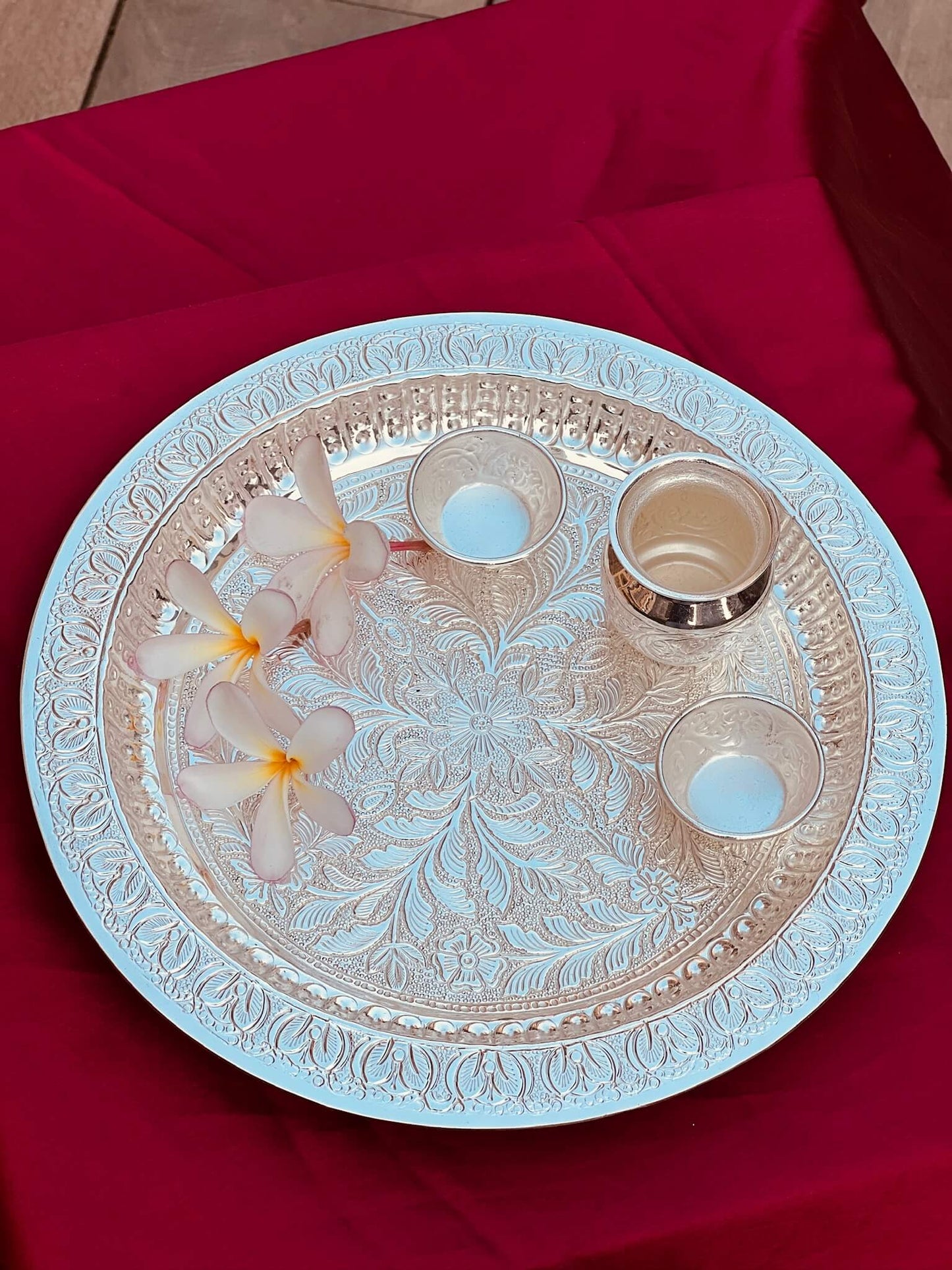 DESHANA Handcrafted Silver Plated Luxurious Pooja Thali with Kalash, Katori – A Complete Set for Divine Rituals