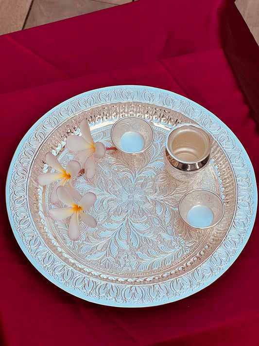DESHANA Handcrafted Silver Plated Luxurious Pooja Thali with Kalash, Katori – A Complete Set for Divine Rituals