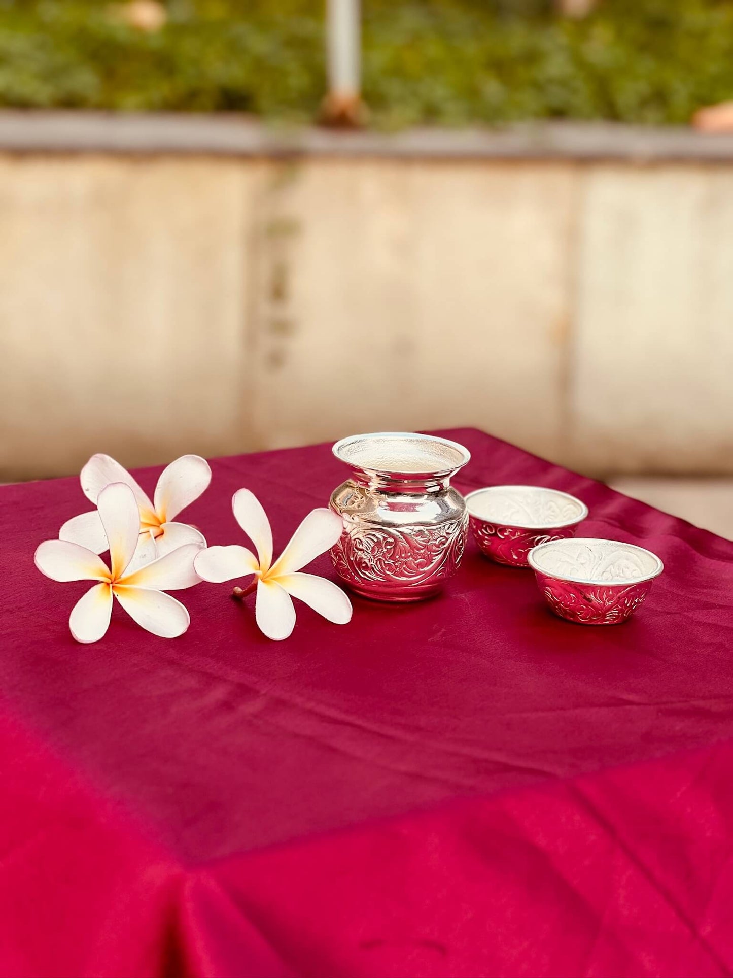 DESHANA Handcrafted Silver Plated Luxurious Pooja Thali with Kalash, Katori – A Complete Set for Divine Rituals