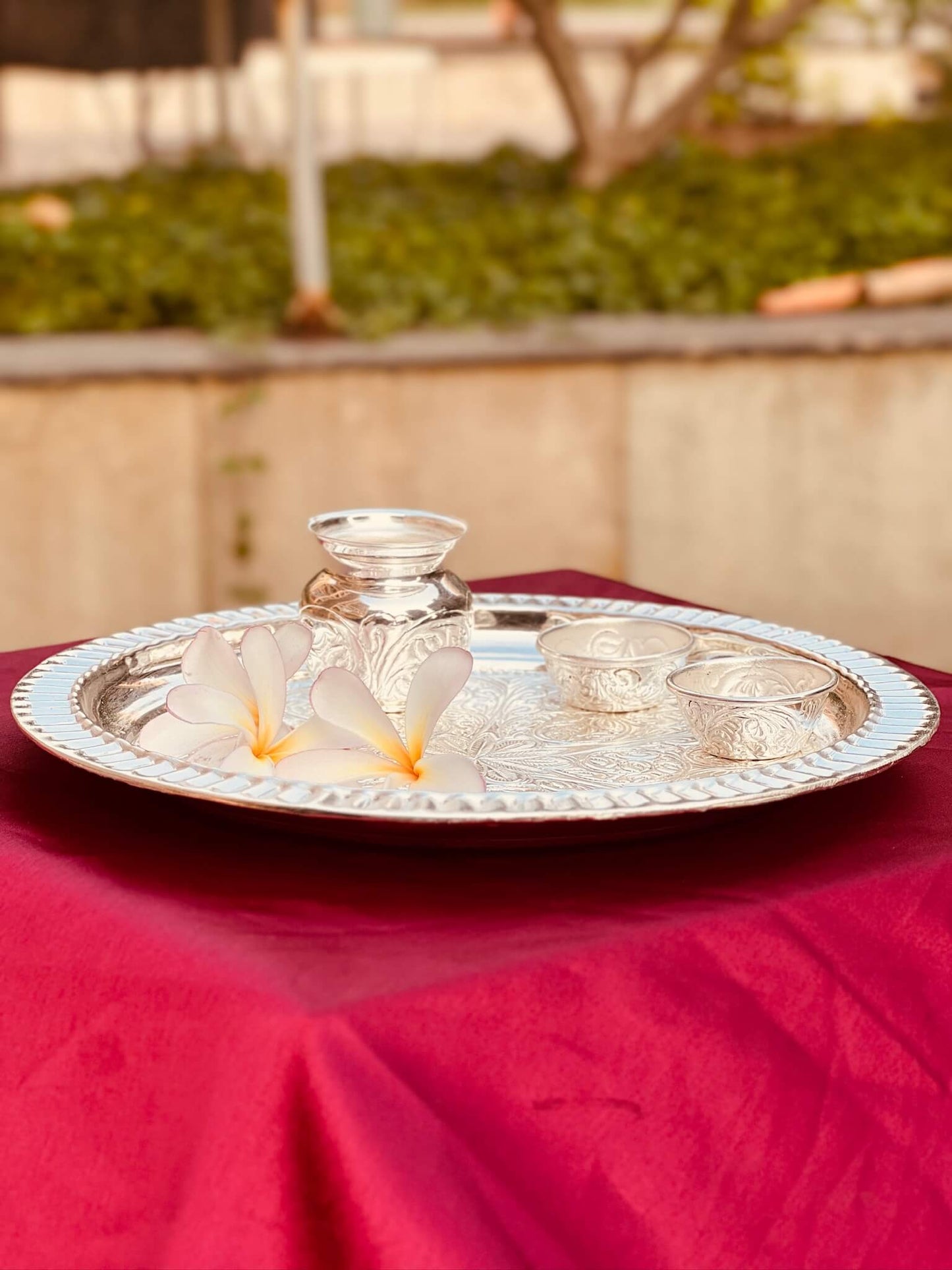 DESHANA Handcrafted Silver Plated Luxurious Pooja Thali with Kalash, Katori – A Complete Set for Divine Rituals